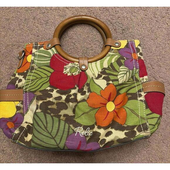 Relic Floral Print HandBag Purse Wooden Handles w/ Strap EUC - Picture 1 of 7